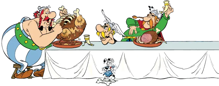 Astérix, Obélix, Idéfix et Abraracourcix à table !